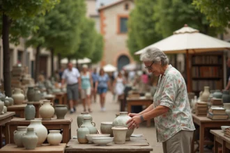 Femme examinant un vase ancien sur un stand de vide grenier en Lot-et-Garonne, avec une place de village française en arrière-plan