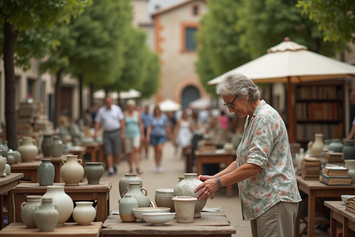 Femme examinant un vase ancien sur un stand de vide grenier en Lot-et-Garonne, avec une place de village française en arrière-plan