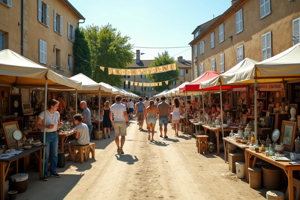 Vue d'ensemble d'un grand vide grenier en plein air en Lot-et-Garonne avec des allées de stands et une foule de visiteurs