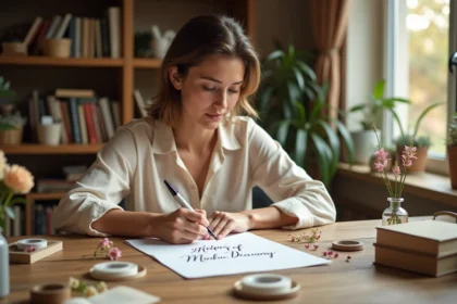 Femme écrivant une carte de vœux originale avec une plume sur un bureau en bois entouré de papeterie élégante