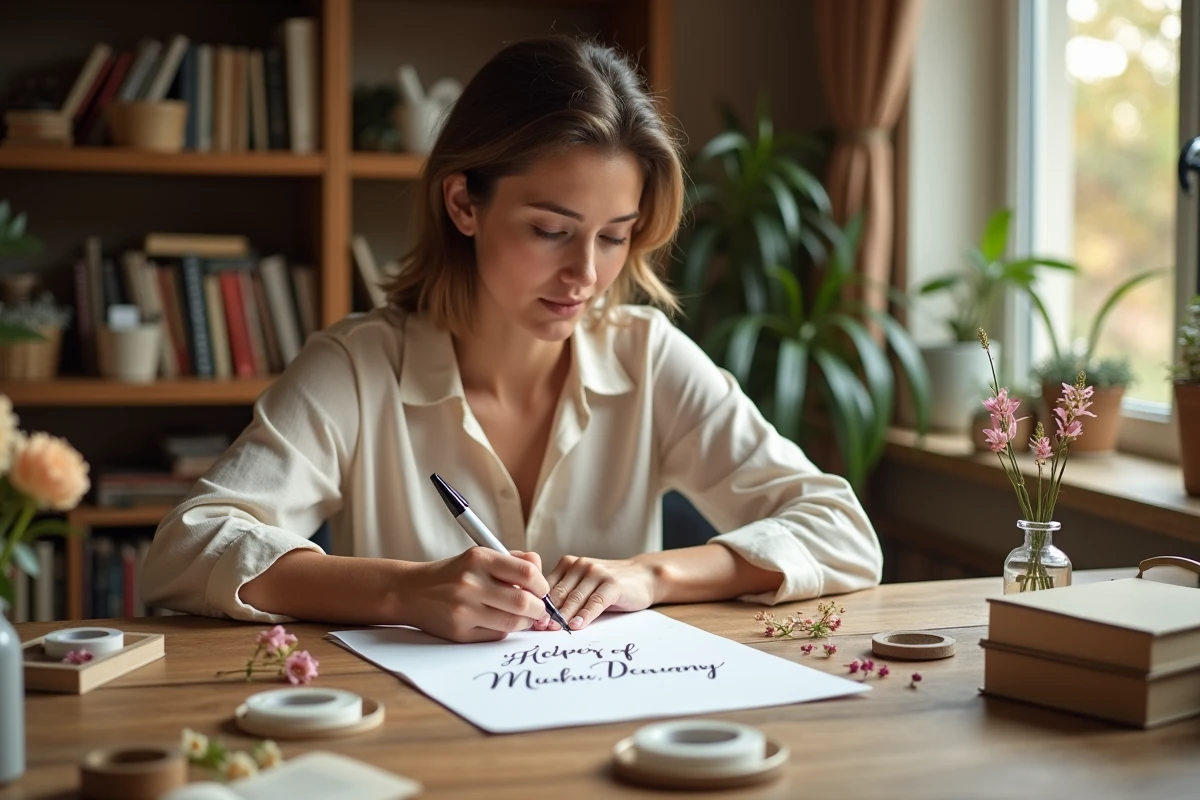 Femme écrivant une carte de vœux originale avec une plume sur un bureau en bois entouré de papeterie élégante