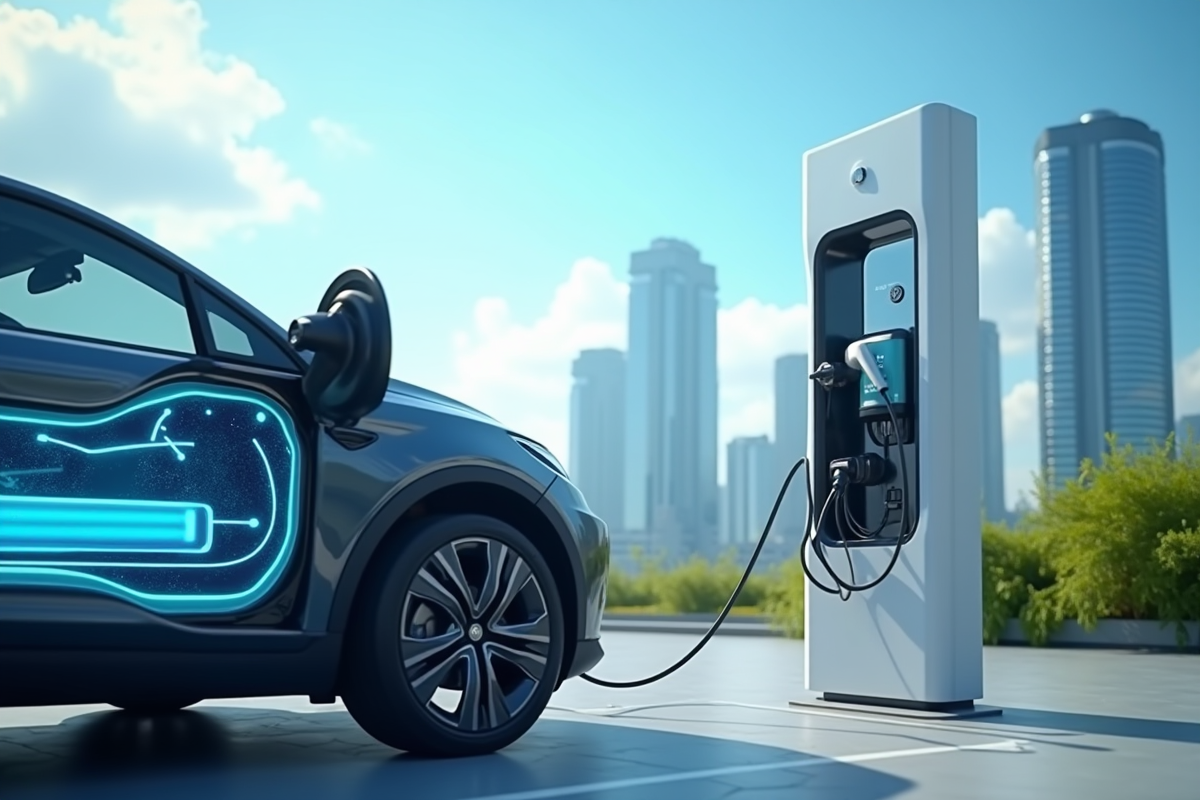 Voiture électrique en charge dans une station futuriste en ville