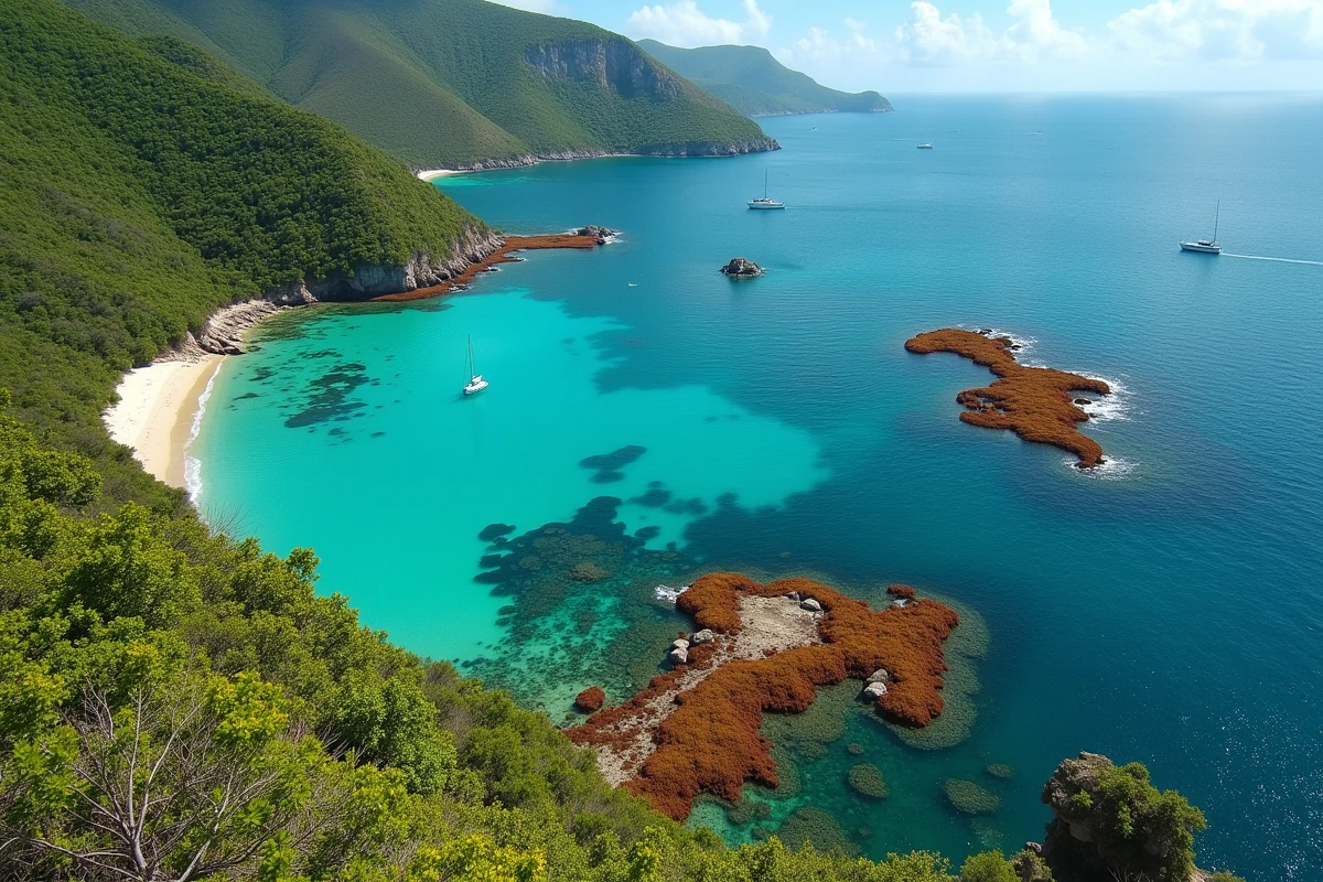 Vue aérienne d'une baie de Guadeloupe partiellement recouverte de sargasses depuis un promontoire