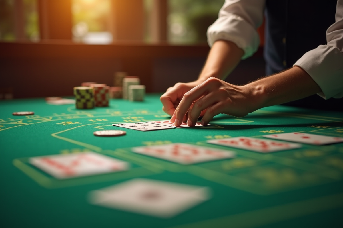 Gros plan sur une partie de belote avec mains et cartes sur la table